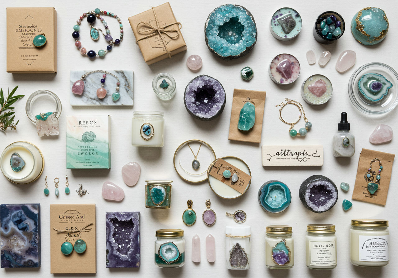A photorealistic shot capturing a diverse collection of handmade gifts featuring semiprecious stones, including jewelry, home decor items, and wellness products, arranged in an aesthetically pleasing display. The image should showcase the variety of creative possibilities, from delicate necklaces to crystal-infused candles and geode-inspired art pieces, emphasizing the unique and personal nature of these gifts.