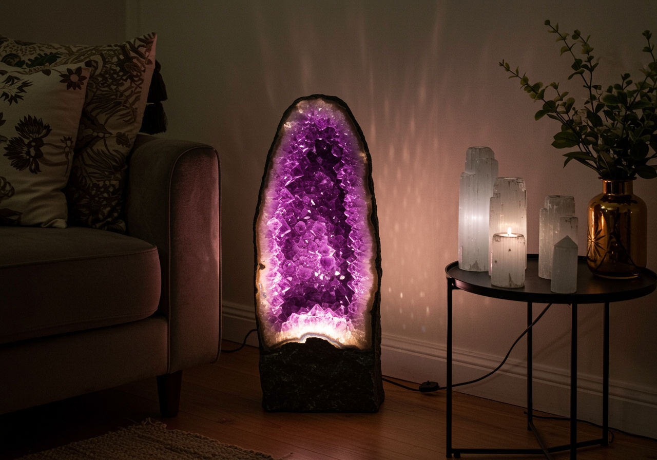 A photorealistic shot capturing a stylish living room corner featuring a handmade floor lamp with a large amethyst geode base, illuminating the space with a warm, purple-tinted glow. The image should also include selenite candle holders on a nearby table, showcasing how these crystal decorations can transform the ambiance of a room.