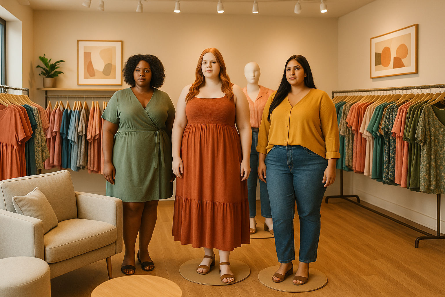 A photorealistic shot capturing a plus-size clothing boutique with diverse mannequins displaying fashionable outfits, bright and inviting atmosphere with comfortable seating areas, a range of sizes and styles available, warm lighting highlighting the inclusive and empowering message of the store, clothing racks showcasing a variety of colors and patterns, and positive affirmations displayed on the walls, promoting body positivity and confidence.