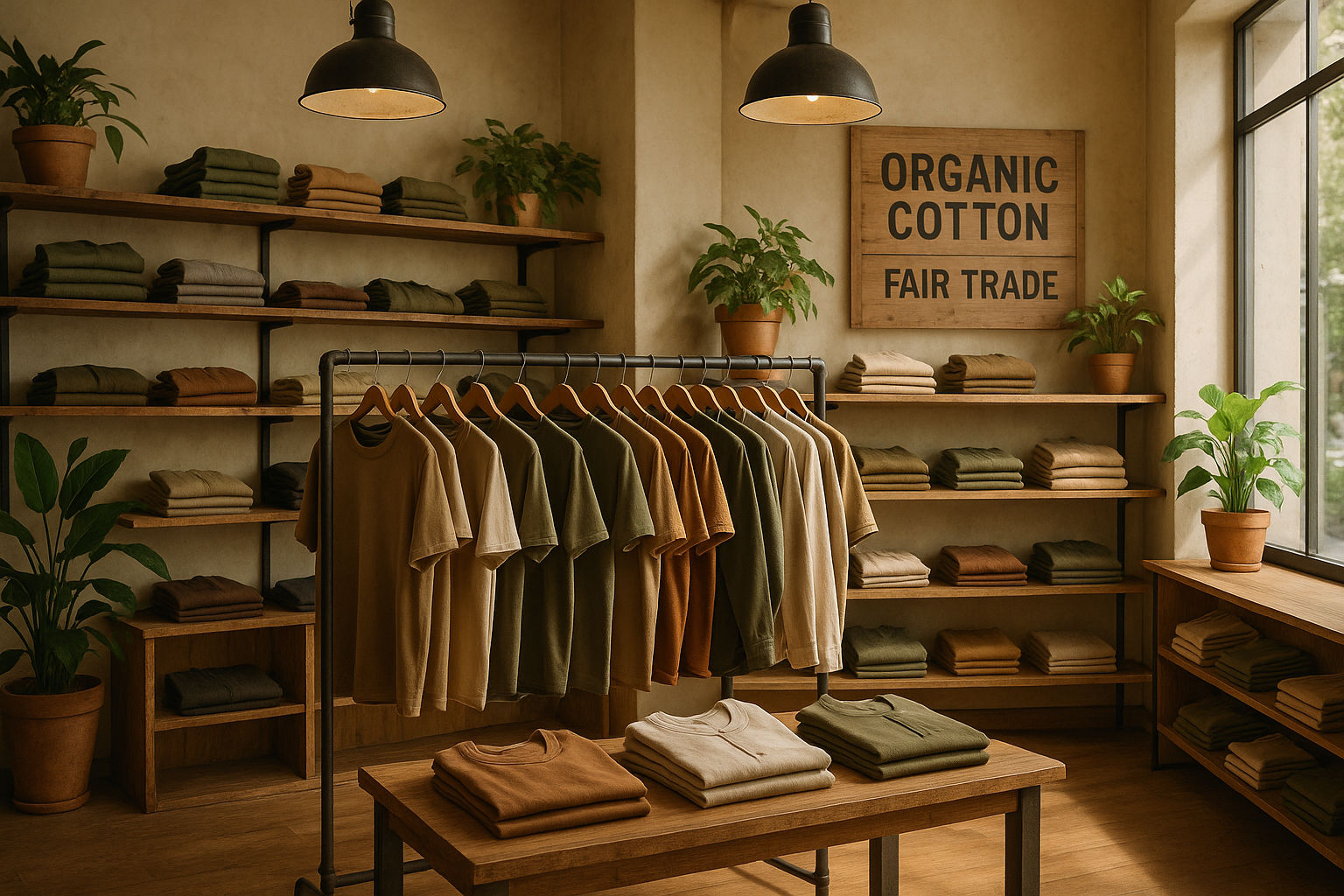 A photorealistic shot capturing a sustainable clothing store displaying organic cotton garments, the interior featuring reclaimed wood fixtures, potted plants, and energy-efficient lighting, earth-toned clothing items are neatly arranged on shelves, a sign promoting fair trade practices, and a focus on eco-friendly materials is visible, natural light streaming through the windows, creating a warm and inviting atmosphere, emphasizing the brand's commitment to environmental responsibility.