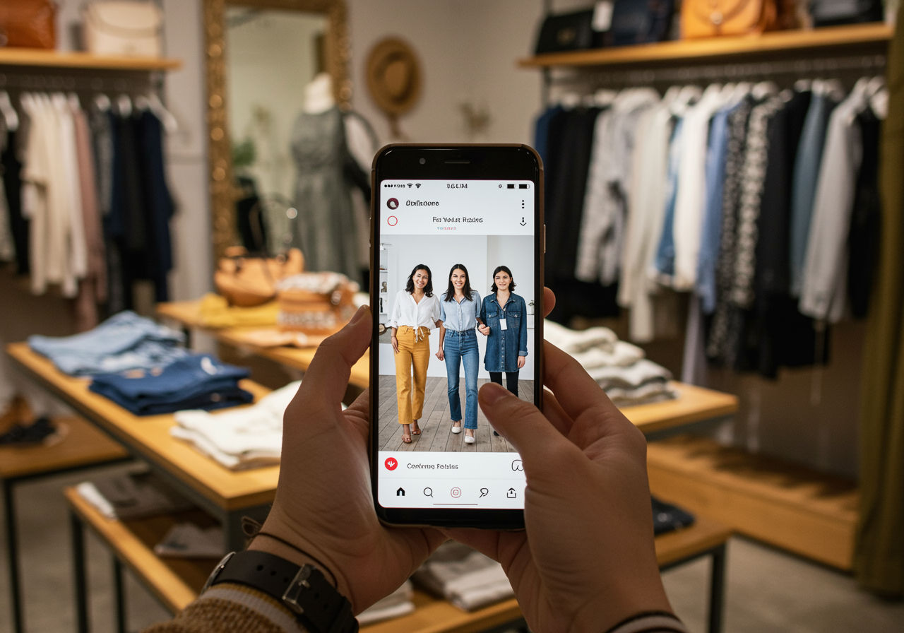 A photorealistic shot capturing a boutique owner creating a social media post featuring styled outfits from their latest collection, with a smartphone displaying the post and clothing items artfully arranged in the background of a chic boutique setting