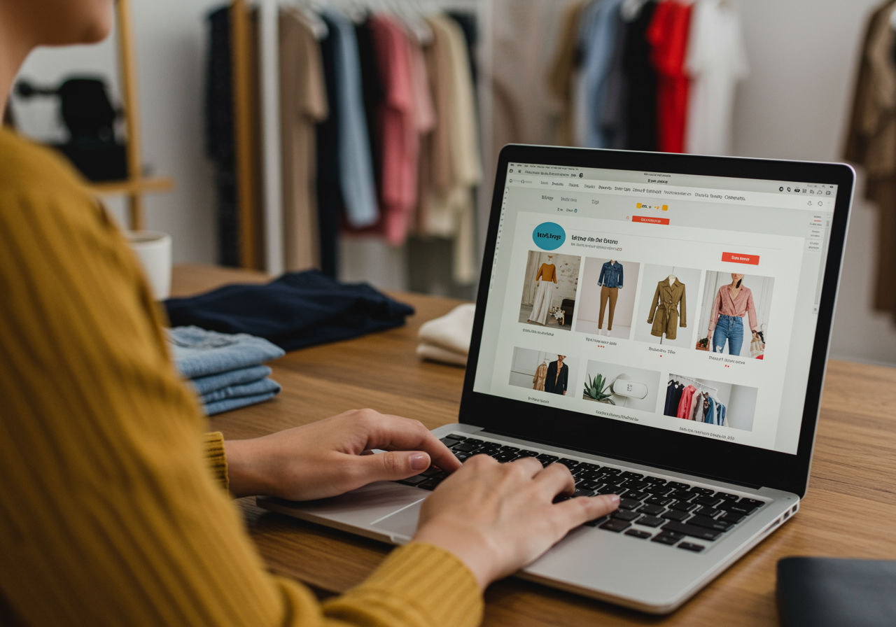 A photorealistic shot capturing a boutique owner working on their online store, showcasing a laptop screen with an e-commerce platform displaying curated clothing collections, set in a stylish boutique office with clothing samples visible in the background