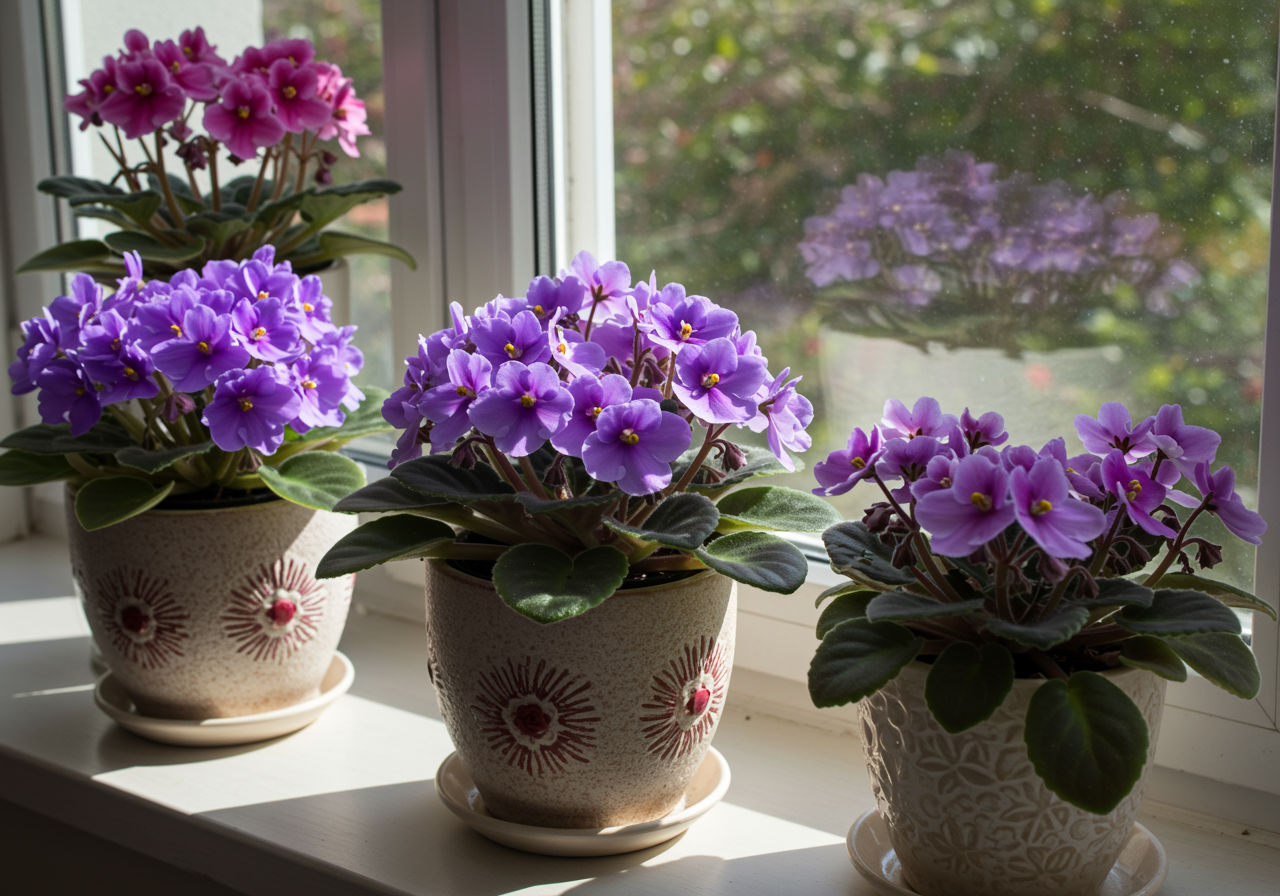 A photorealistic shot capturing a group of African Violet plants in decorative pots, showcasing their delicate flowers in shades of purple, pink, and white, arranged on a sunny windowsill