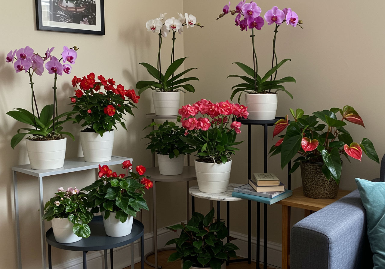 A photorealistic shot capturing a cozy living room corner with a variety of flowering indoor plants, including orchids, begonias, and anthuriums, arranged on shelves and side tables, creating a warm and inviting atmosphere