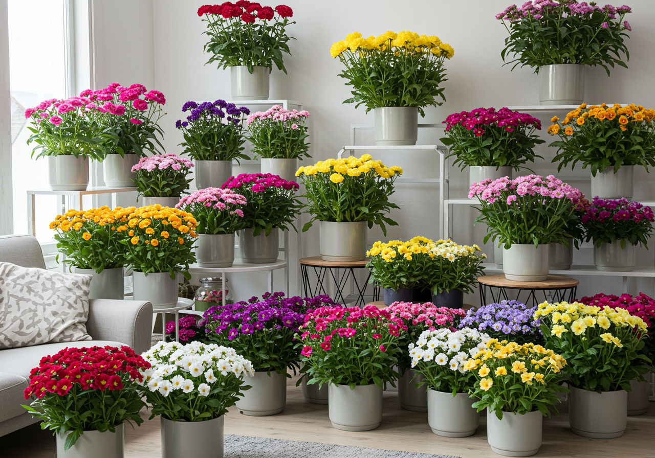 A photorealistic shot capturing a bright and airy living room with various potted flowering plants arranged on shelves and tables, showcasing different colors and shapes of indoor flowers