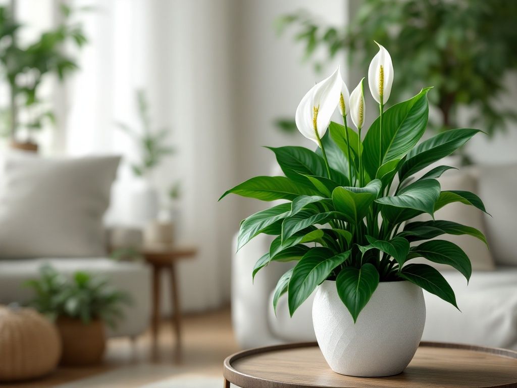 A photorealistic shot capturing a peace lily plant in a decorative pot, placed in a living room setting, with its large white flowers and lush green leaves prominently displayed