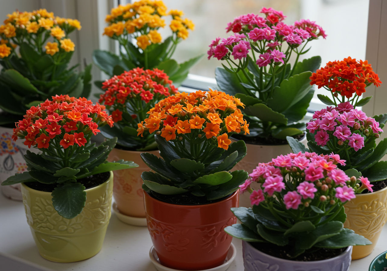 A photorealistic shot capturing a collection of colorful Kalanchoe plants in decorative pots, showcasing their small vibrant flowers in shades of red, orange, pink, and yellow, arranged on a windowsill