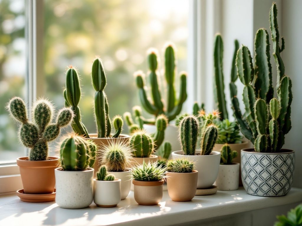 A photorealistic shot capturing a beautifully arranged indoor cactus garden. The image shows a variety of cactus species of different shapes and sizes displayed in decorative pots on a sunny windowsill or shelf, creating an attractive and low-maintenance green corner in a home setting.