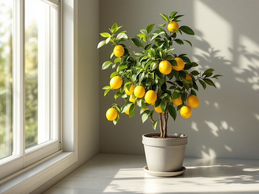 A photorealistic shot capturing a potted lemon tree placed near a south-facing window, showing the optimal light exposure and the tree's healthy growth