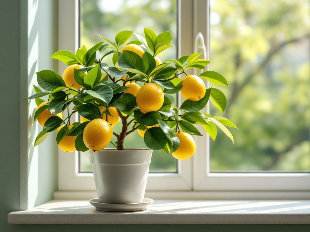 A photorealistic shot capturing a potted lemon tree with ripe fruits on a sunny windowsill, showing the contrast between the bright yellow lemons and the glossy green leaves