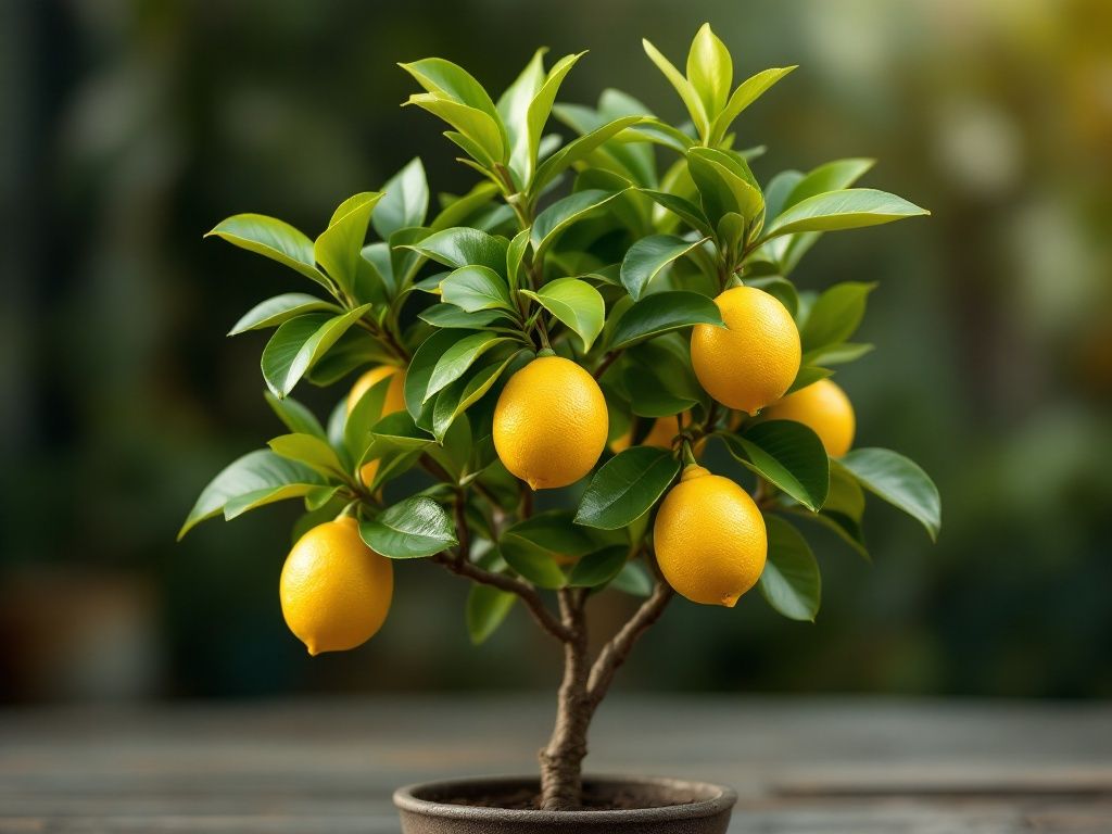 A photorealistic shot capturing a dwarf Meyer lemon tree in a pot, showing its compact size, glossy leaves, and ripe yellow fruits