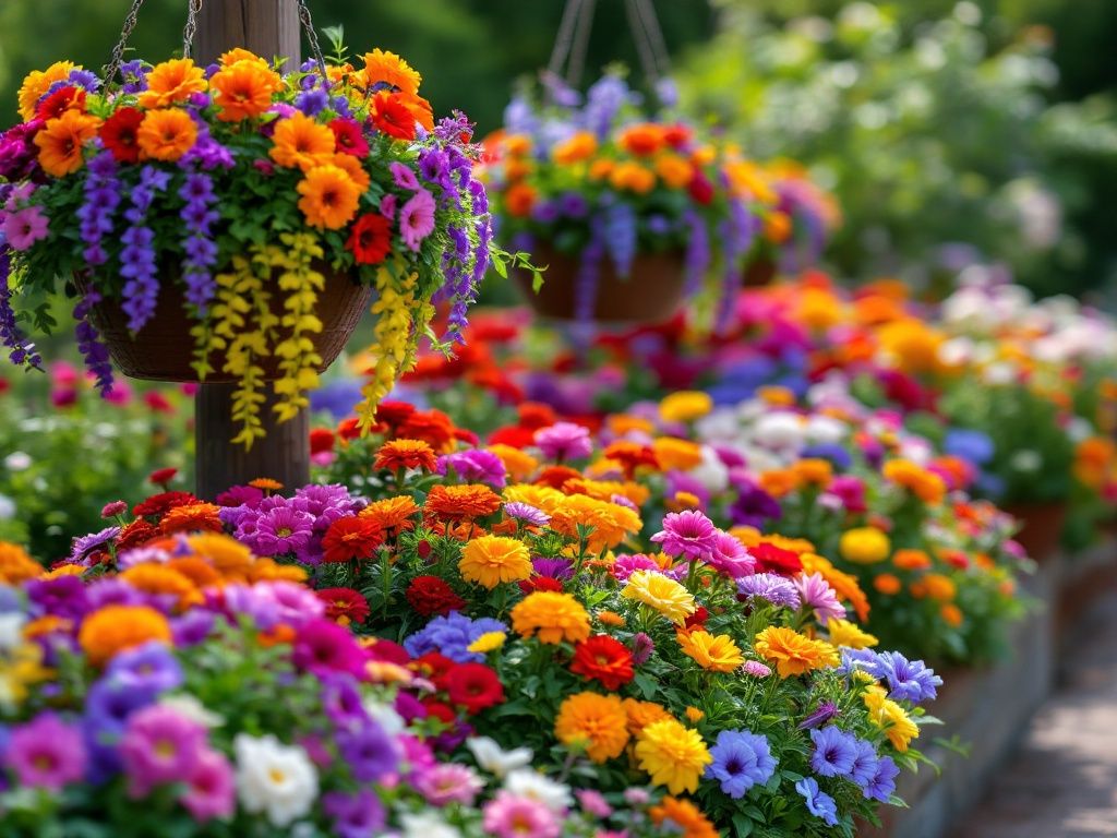 A photorealistic shot capturing a vibrant mix of annual flowers in a garden bed. The image shows a colorful array of petunias, marigolds, and zinnias in full bloom. The flowers are arranged in a way that creates a beautiful tapestry of colors and textures. Andra Elisa Andra, [4/2/2025 8:51 AM] In the foreground, we see some hanging baskets filled with cascading petunias, adding vertical interest to the scene. The background hints at a larger garden setting, with trees or shrubs providing a green backdrop to the explosion of color.