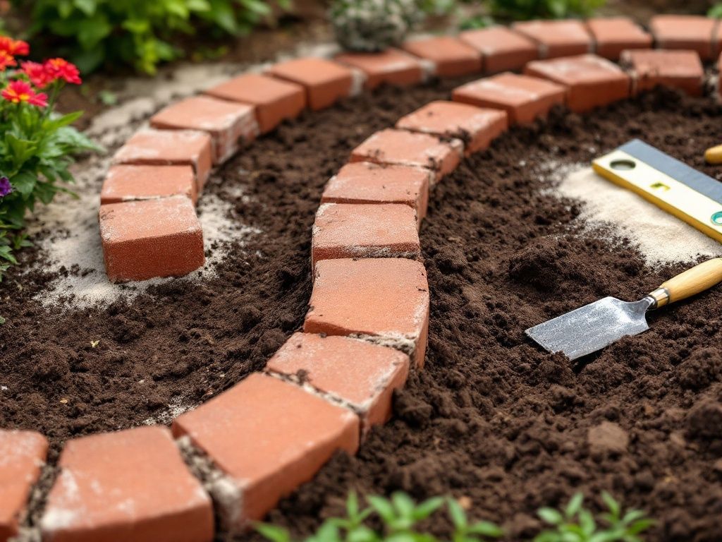 A photorealistic shot capturing the process of creating a brick flower bed border. The image shows a partially completed circular or curved brick border around a flower bed. We see neatly laid bricks forming the edge of the bed, with some tools like a level, trowel, and sand visible nearby. The flower bed itself is prepared with rich soil, ready for planting. This visual guide helps illustrate the steps involved in creating a professional-looking brick border for garden beds.