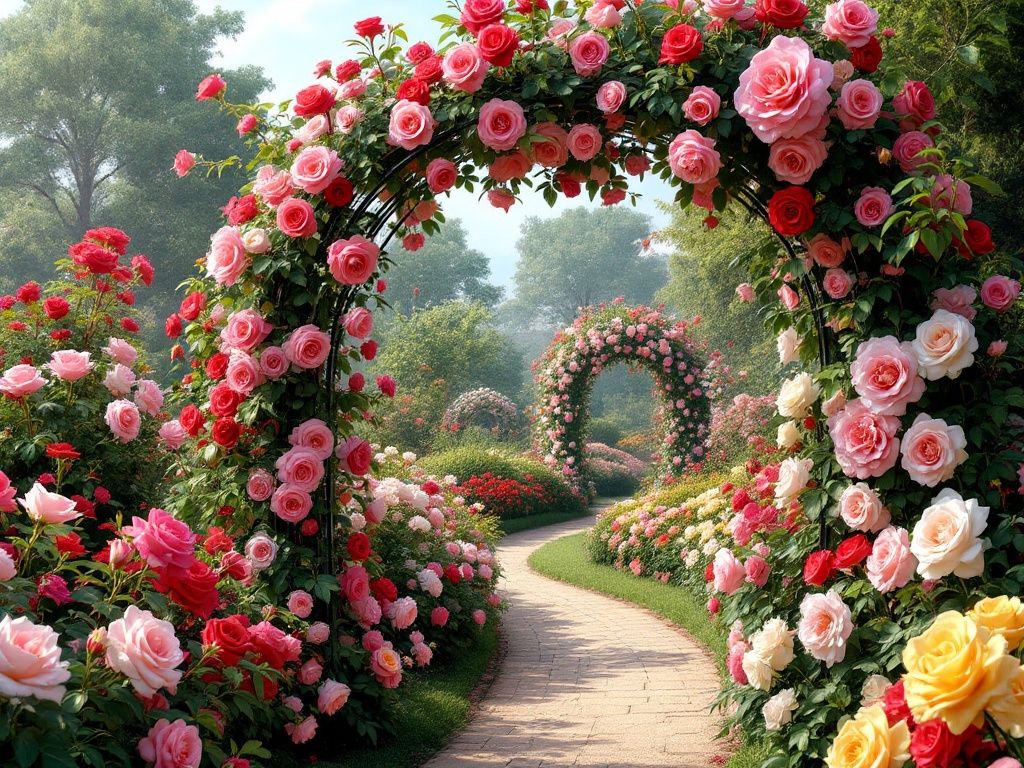 A photorealistic shot capturing a stunning rose garden in full bloom. The image showcases a variety of roses in different colors - reds, pinks, whites, and yellows. In the foreground, we see climbing roses adorning an elegant arch or trellis. The background features neatly arranged rose bushes in various heights. A small, winding path leads through the garden, inviting viewers to imagine strolling among the fragrant blooms.