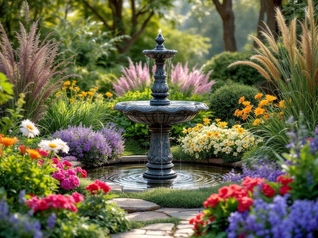 A photorealistic shot capturing a garden focal point. The image shows a beautiful water feature, such as a small fountain or a decorative birdbath, surrounded by a carefully arranged selection of flowers and plants. The focal point draws the eye and creates a sense of interest and harmony in the garden. Andra Elisa Andra, [4/2/2025 8:51 AM] Surrounding plants might include colorful perennials and ornamental grasses, creating a balanced and visually appealing composition.
