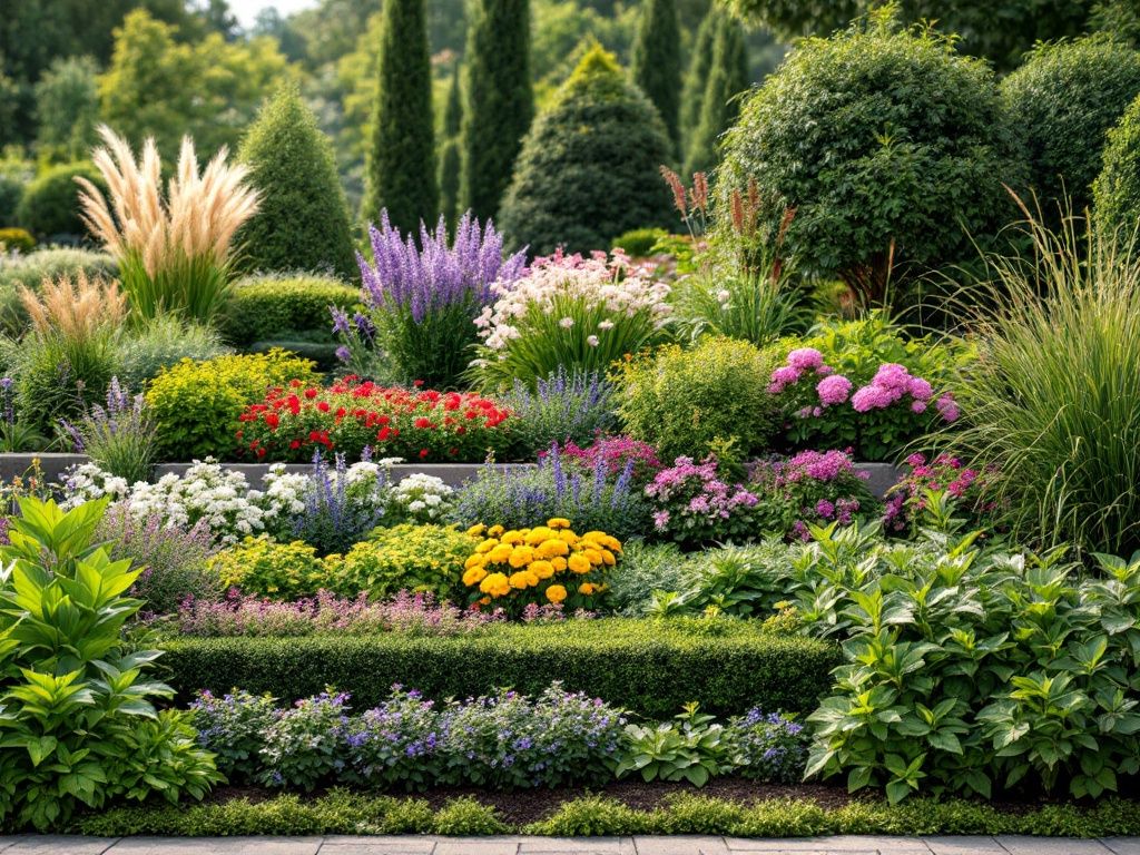 A photorealistic shot capturing a beautifully layered garden design. The image shows a garden bed with plants arranged in tiers, demonstrating the technique of creating depth and visual interest. In the foreground, we see low-growing ground covers and border plants. The middle ground features medium-height perennials in various colors and textures. The background showcases taller shrubs and ornamental grasses. This arrangement creates a sense of depth and draws the eye through the garden, illustrating effective layering techniques.