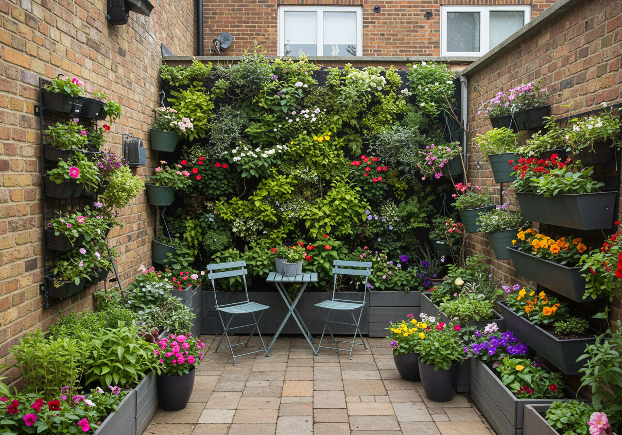 A photorealistic shot capturing a small urban garden with vertical gardening elements. The image shows a compact outdoor space creatively maximized for planting. We see a vertical garden wall filled with a variety of colorful flowers and trailing plants. Nearby, there are hanging baskets and tiered planters making use of vertical space. The ground level features a small seating area with compact furniture, surrounded by container gardens with a mix of flowers and herbs. This setup demonstrates how even a tiny space can be transformed into a lush, inviting garden.
