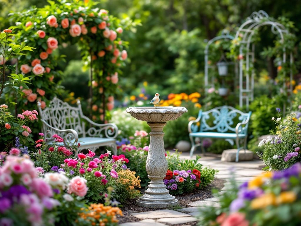 A photorealistic shot capturing a garden with various decorative elements. The image shows a beautiful garden setting with a mix of flowers and ornamental features. We see a charming bird bath as a central focal point, surrounded by colorful flower beds. There's also a decorative garden bench nearby, inviting relaxation. In the background, we might see a trellis with climbing roses or a small, ornate garden arch. The overall composition demonstrates how decorative elements can enhance the beauty and charm of a flower garden.