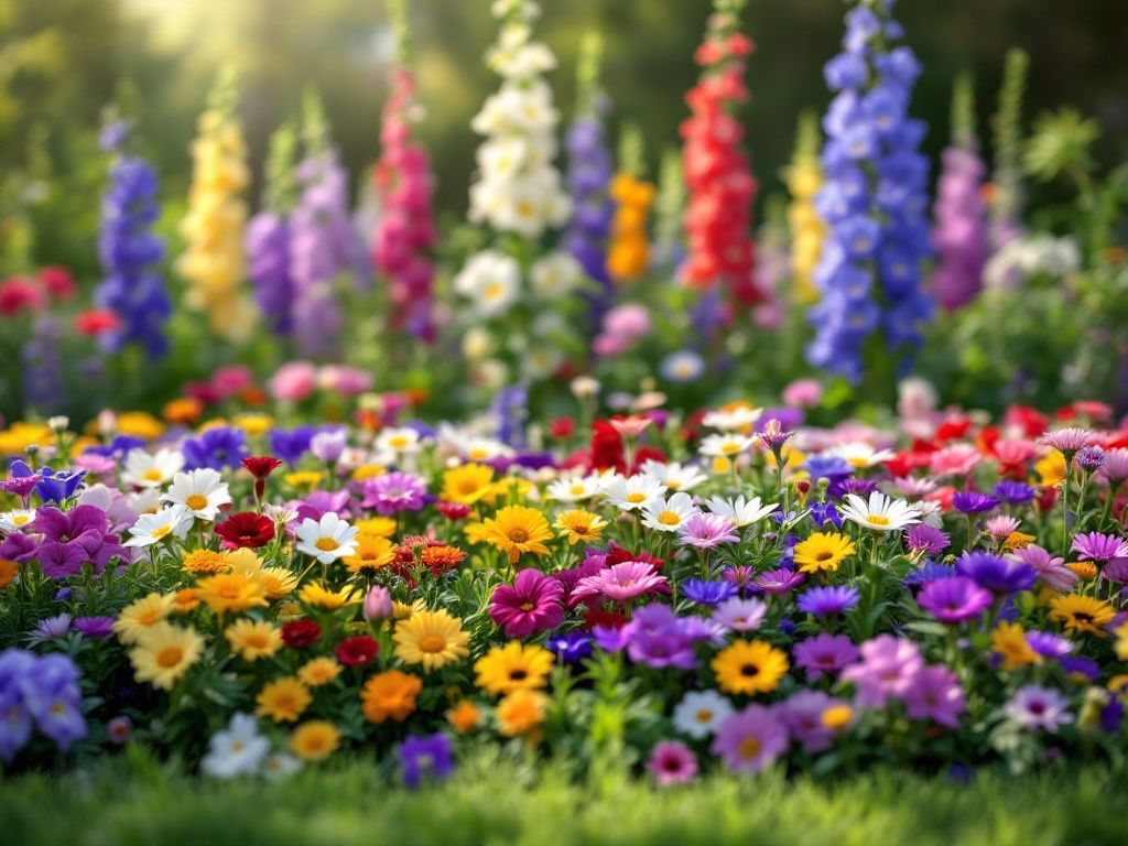 A photorealistic shot capturing a beautifully designed flower bed with plants arranged by height. In the foreground, we see low-growing flowers like pansies and alyssum. The middle ground features medium-height plants such as daisies and coneflowers. In the background, taller plants like delphiniums and hollyhocks create a stunning backdrop. Andra Elisa Andra, [4/2/2025 8:51 AM] The arrangement demonstrates perfect layering, allowing all plants to be visible and receive adequate sunlight.
