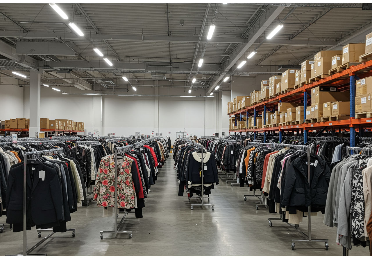 A photorealistic shot capturing a Greek wholesale warehouse filled with racks of clothing and accessories, showcasing the scale of wholesale operations in the fashion industry