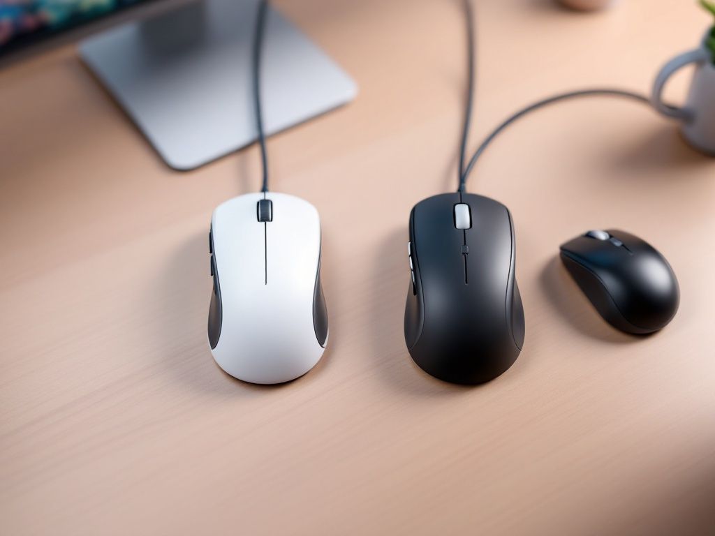 A photorealistic shot capturing a clean desk setup with two ergonomic mice side by side - one wireless and one wired. The image should highlight the cable management difference and overall desk aesthetics.