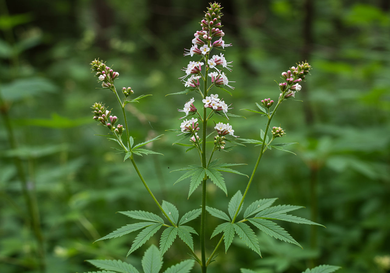 A photorealistic shot capturing a Valeriana officinalis plant in its natural habitat, showing its tall stems, compound leaves, and delicate pink or white flowers clustered at the top