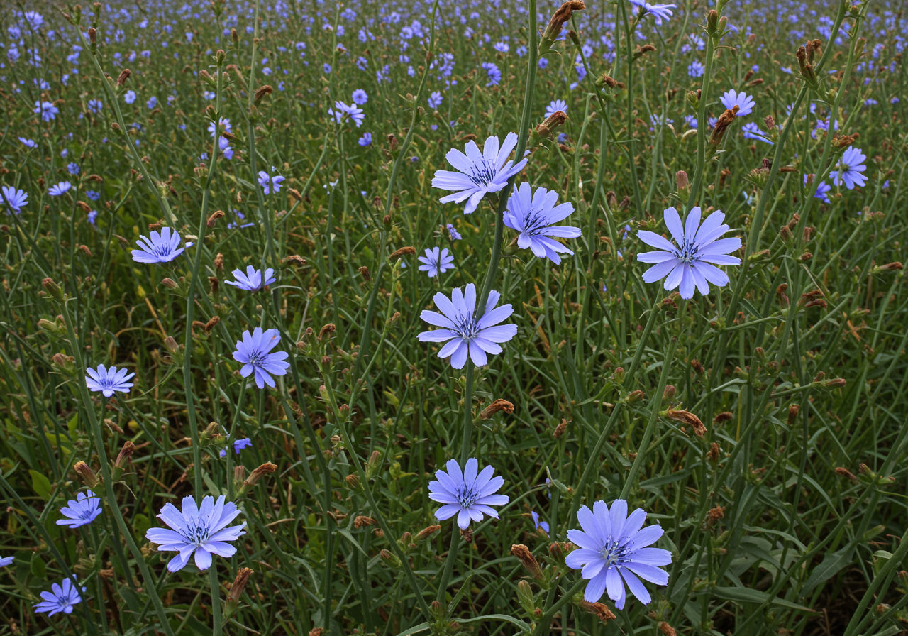 A photorealistic shot capturing a field of blooming chicory plants with their distinctive blue flowers, showcasing the plant's natural habitat and appearance.