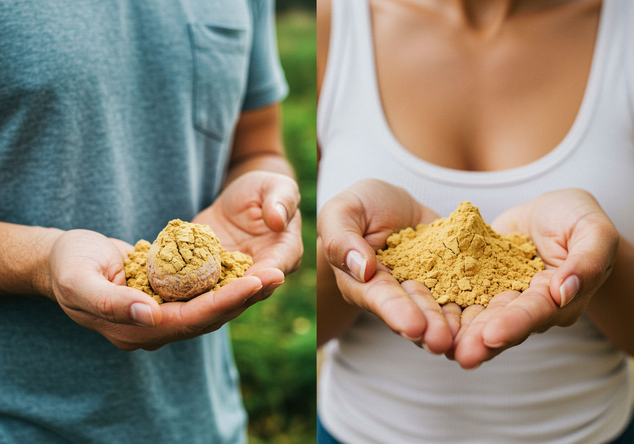 A photorealistic shot capturing a split image: on one side, a man, and on the other side, a woman, both holding maca root powder, symbolizing its benefits for both genders' reproductive health
