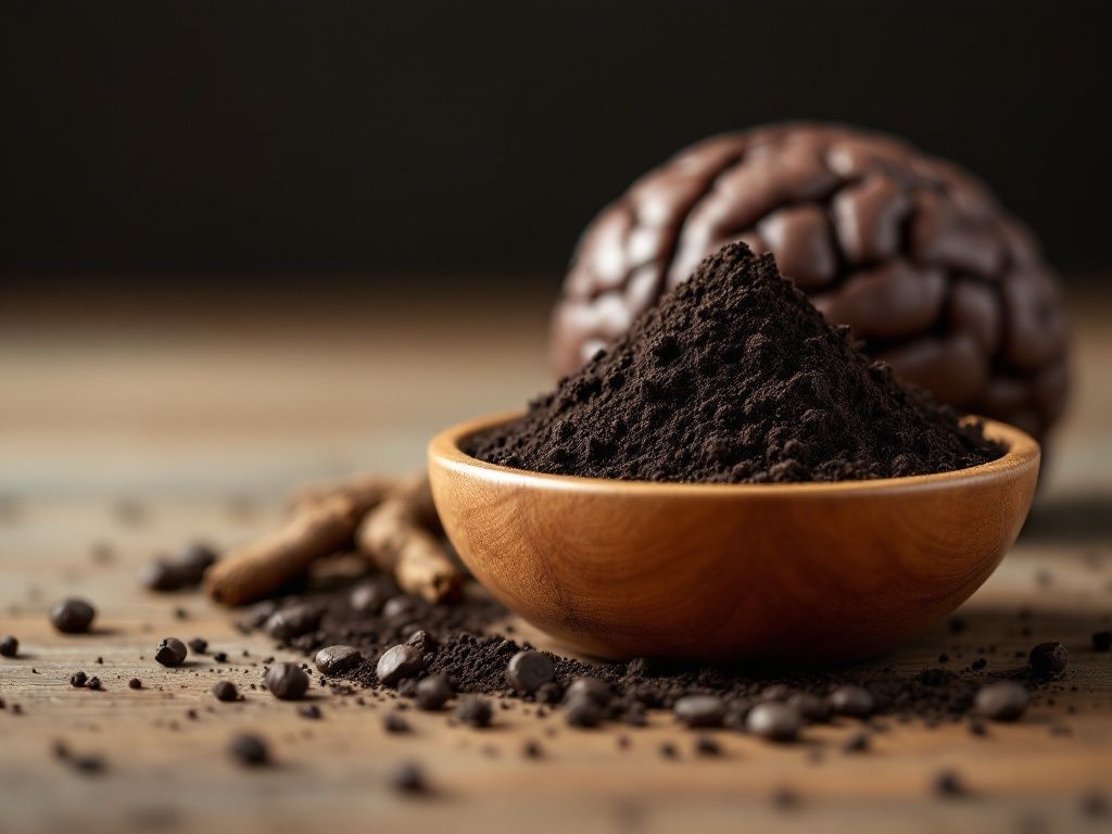 A photorealistic shot capturing a close-up of black maca root powder in a wooden bowl, with a brain-shaped object in the background to symbolize cognitive benefits