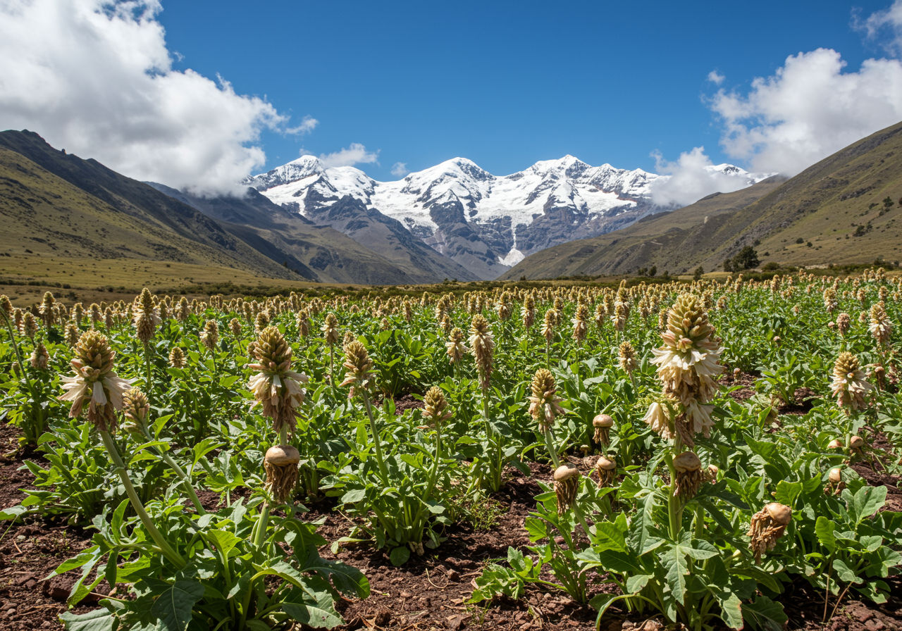 A photorealistic shot capturing a field of maca plants growing in the high Andes mountains of Peru, with snow-capped peaks visible in the background