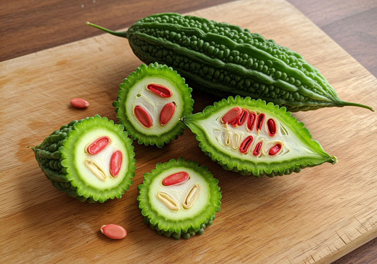 A photorealistic shot capturing a fresh bitter melon fruit, showing its distinctive green color and bumpy texture, cut in half to reveal the white flesh and red seeds inside, placed on a wooden cutting board