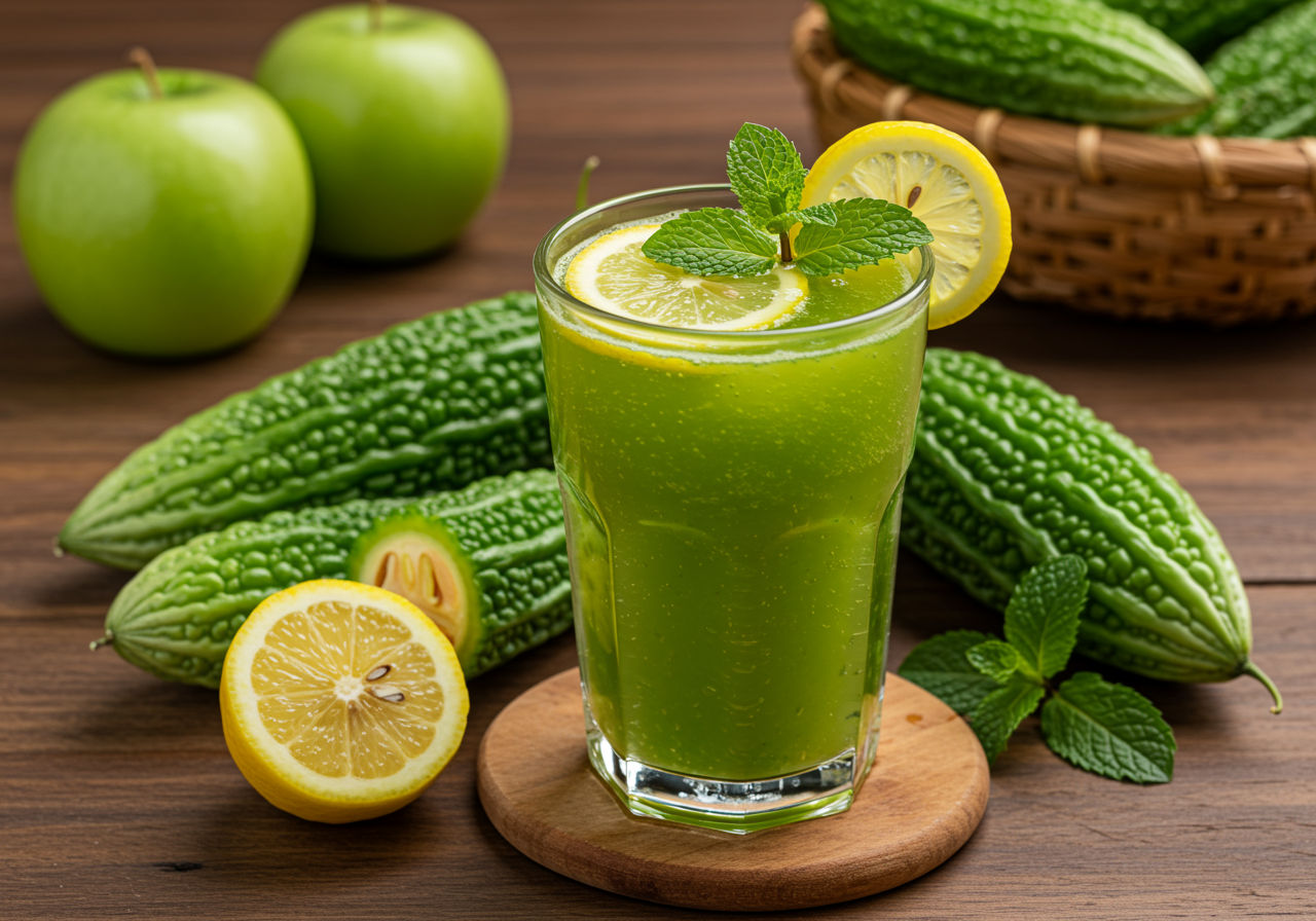 A photorealistic shot capturing a glass of freshly made bitter melon juice, garnished with a slice of lemon and a sprig of mint, placed on a wooden table next to some fresh bitter melons and green apples