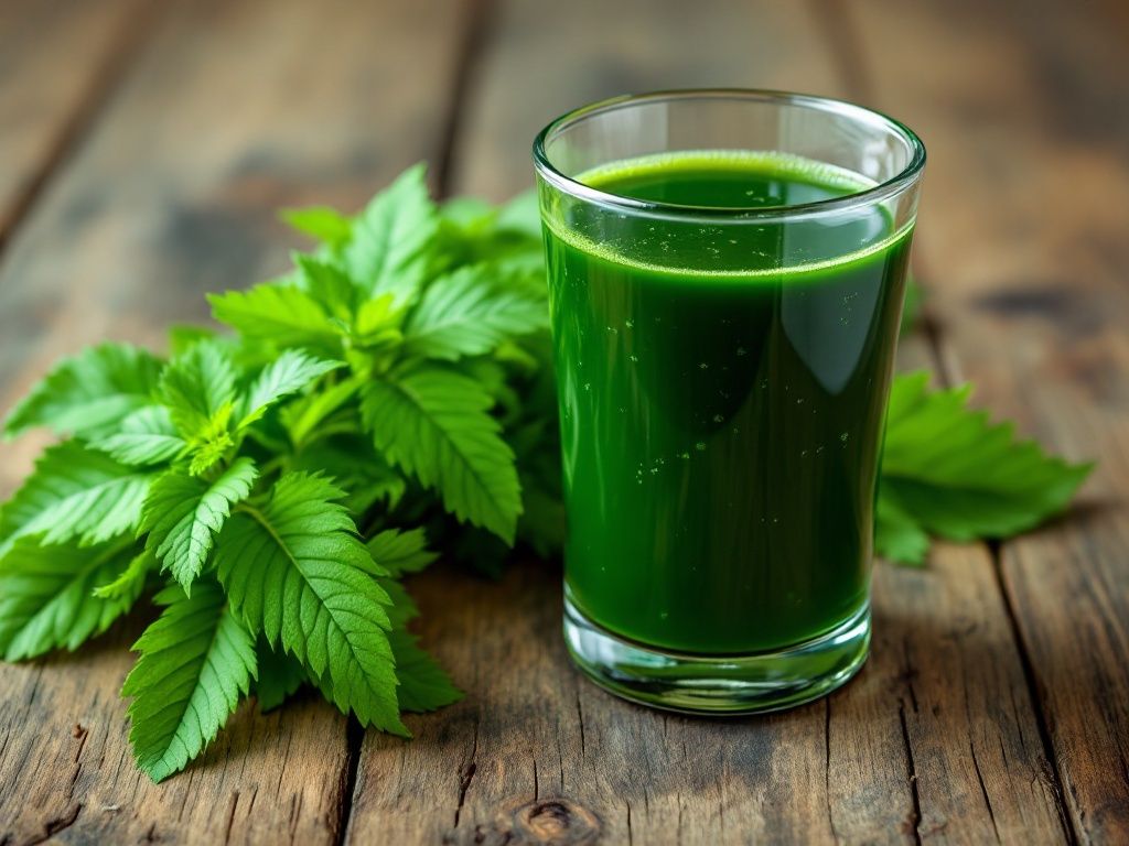 A photorealistic shot capturing a glass of freshly pressed nettle juice next to a bunch of fresh nettle leaves on a wooden table