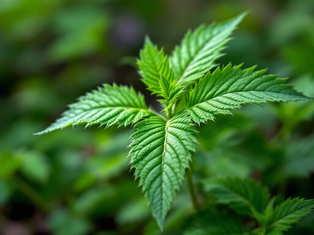 A photorealistic shot capturing a close-up of fresh stinging nettle leaves, showing their distinctive serrated edges and fine hairs, against a blurred natural background