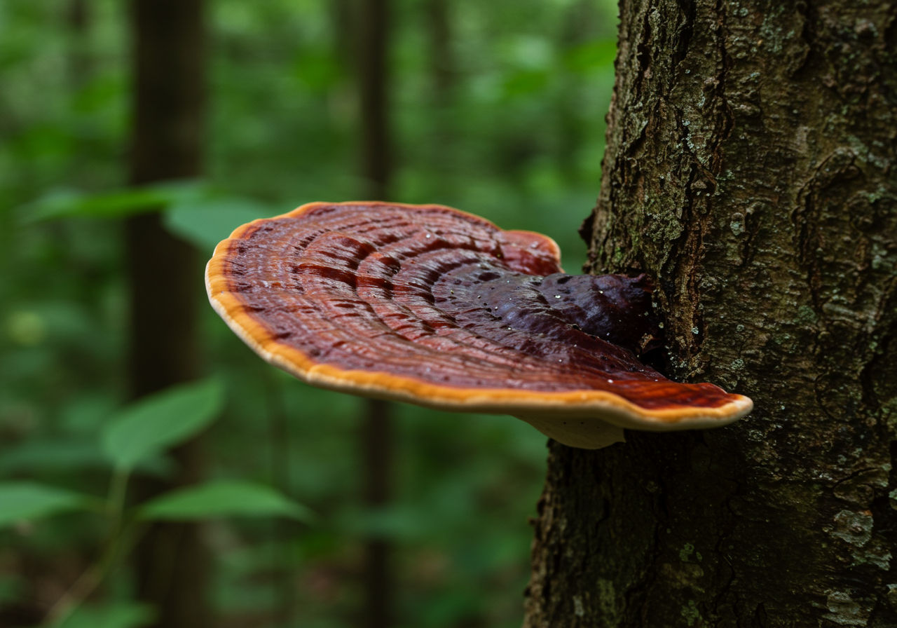 A photorealistic shot capturing a mature Ganoderma lucidum mushroom growing on a tree trunk in a lush Asian forest, showcasing its distinctive fan-like shape and glossy reddish-brown surface