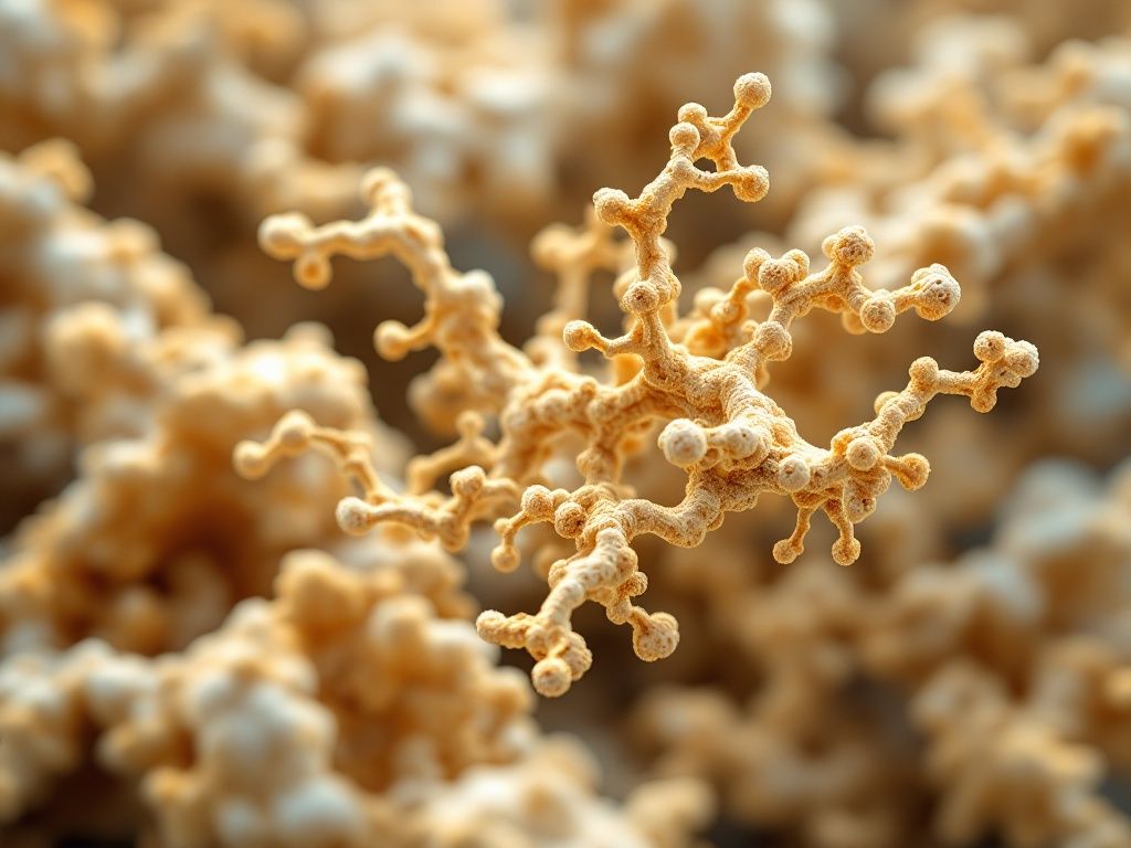 A photorealistic shot capturing a detailed molecular structure diagram of beta-glucans from Ganoderma lucidum, highlighting their complex branched structure