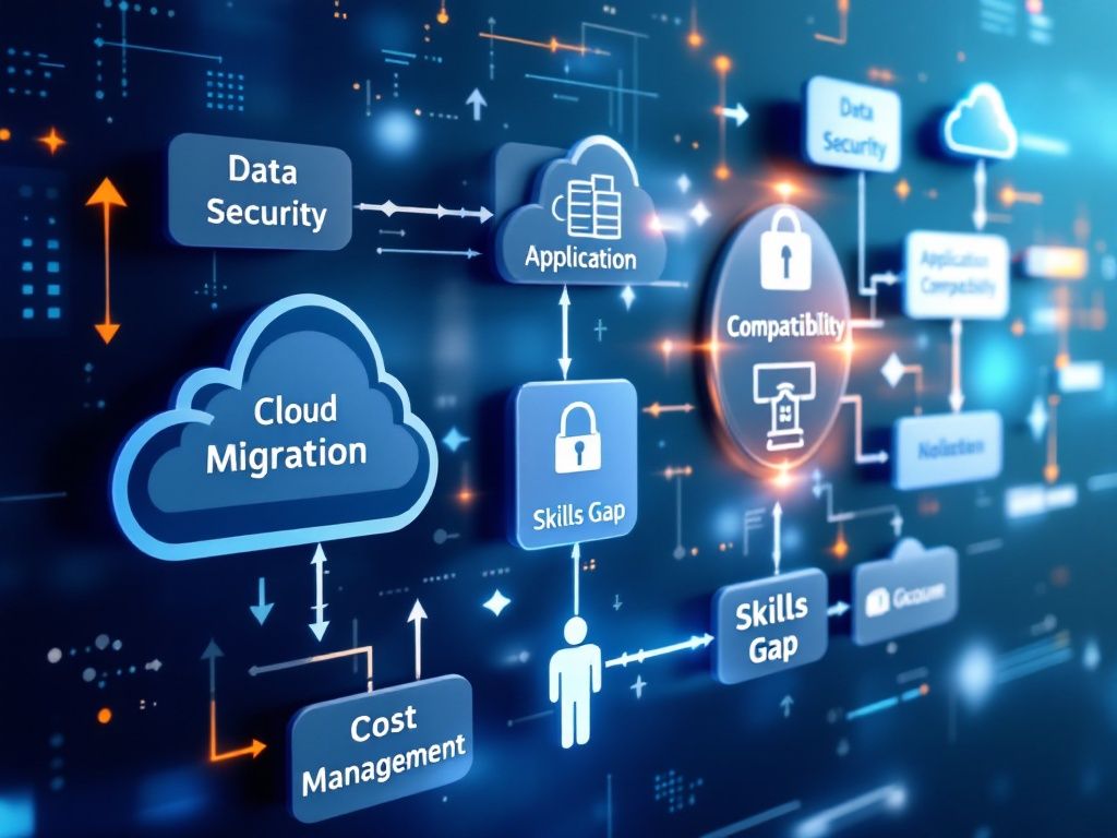 A photorealistic shot capturing a detailed flowchart showing common cloud migration challenges and their corresponding solutions, with clear icons representing data security, application compatibility, skills gap, and cost management
