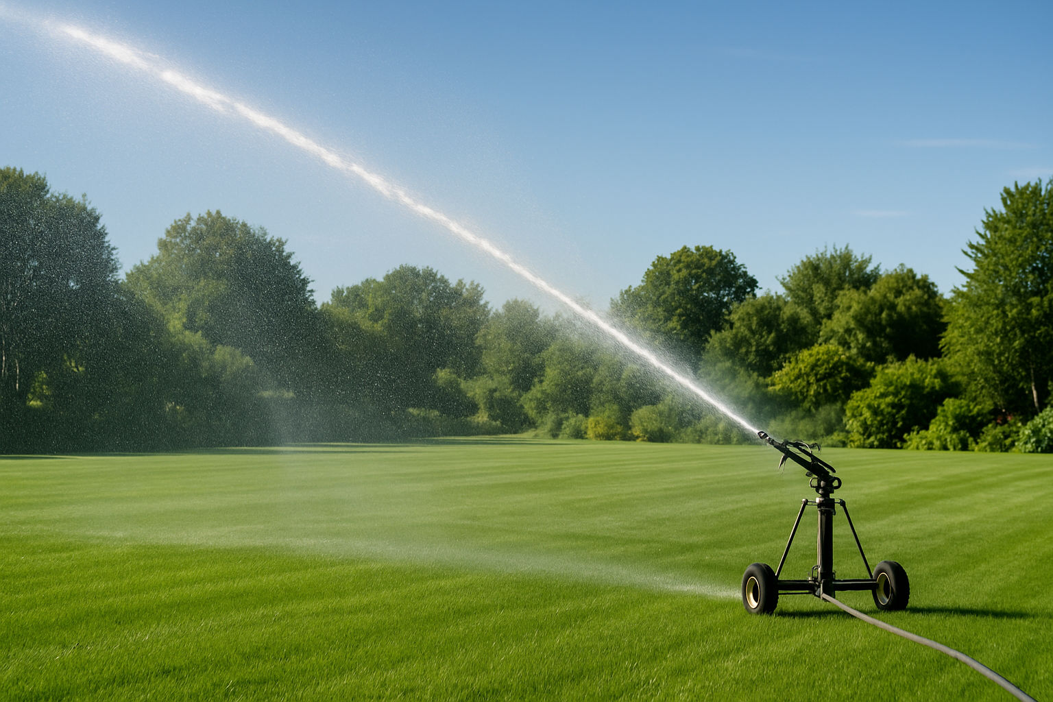 A photorealistic shot capturing a large lawn being watered by a long-range sprinkler system, showing the wide area coverage and efficient water distribution, lush green grass and healthy plants visible, professional-grade irrigation equipment in use, sunny day with clear skies, focus on water droplets and wide reach of the sprinklers.
