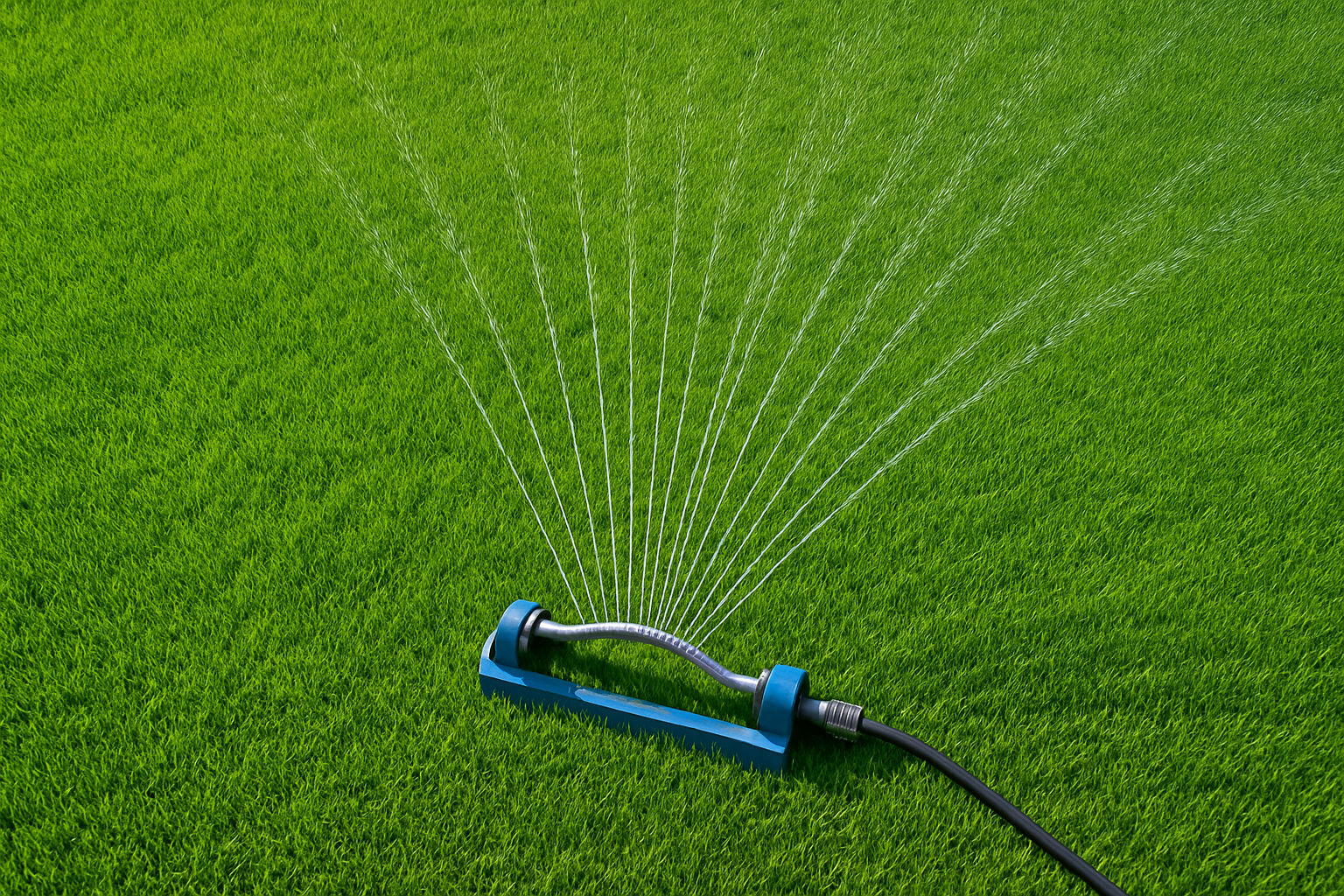 Overhead view of a healthy, evenly watered lawn, showcasing the effectiveness of a proper irrigation system, vibrant green grass covering the entire area, consistent moisture visible without any dry spots, well-maintained landscape and healthy plants, sunny day with clear skies, demonstrating a successful lawn care routine.