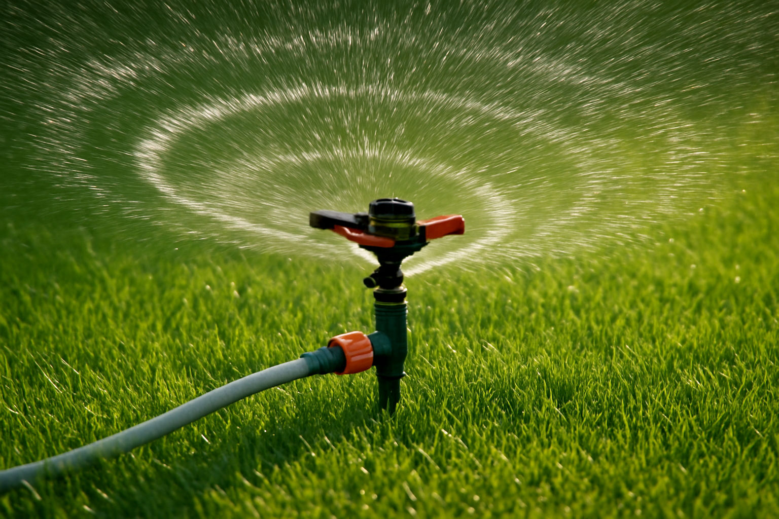 A photorealistic shot capturing a rotating sprinkler watering a lush green lawn, showing circular pattern of water distribution, dynamic motion of the sprinkler head in action, sunlight reflecting off water droplets creating a shimmering effect, well-maintained grass with vibrant color, healthy growth and even coverage.