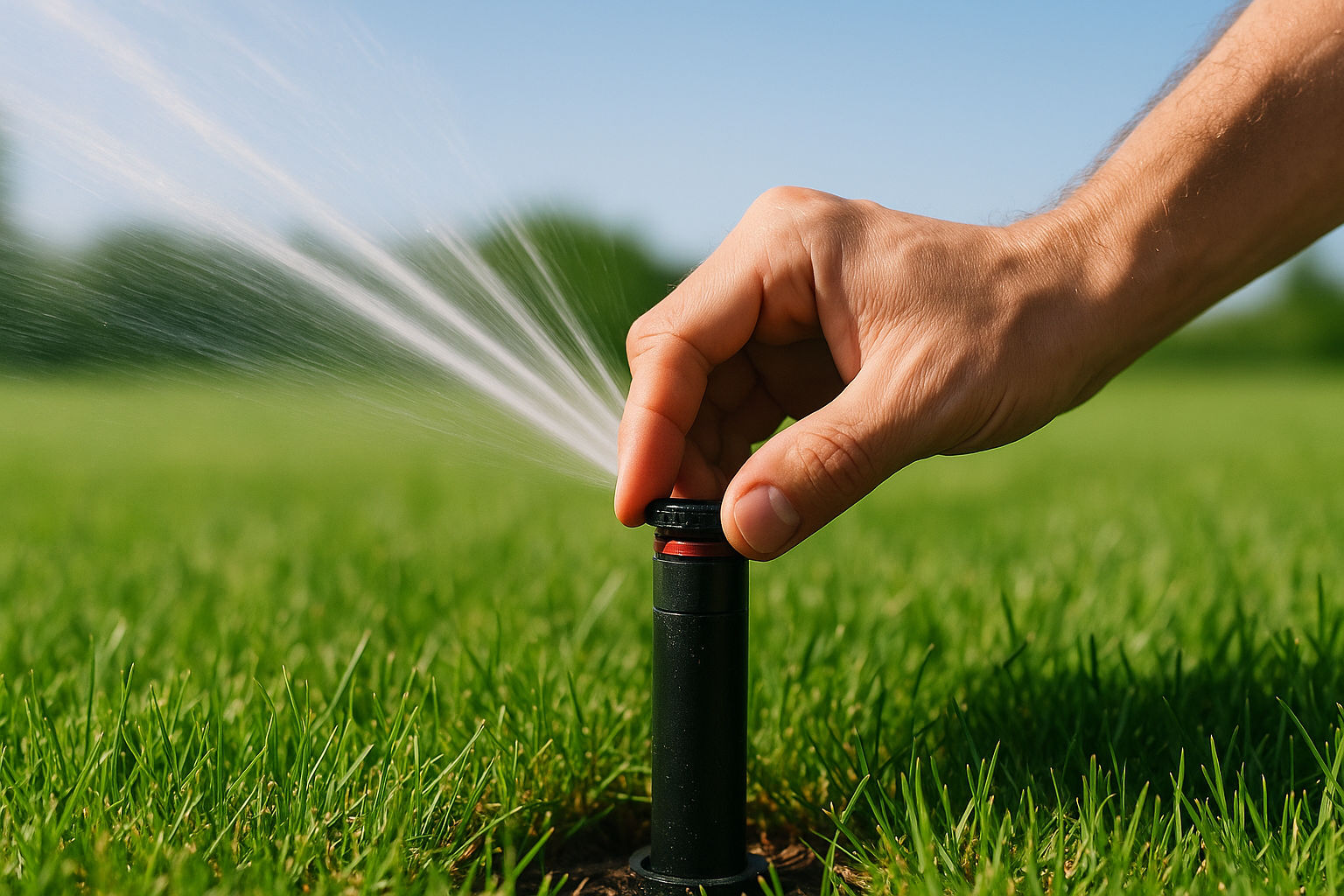 A photorealistic shot capturing an individual adjusting a lawn sprinkler head, fine-tuning the spray pattern for optimal water distribution, focus on the hand and sprinkler head, lush green grass in the background, demonstrating the importance of adjusting the sprinkler for efficient irrigation, sunny day with clear skies.