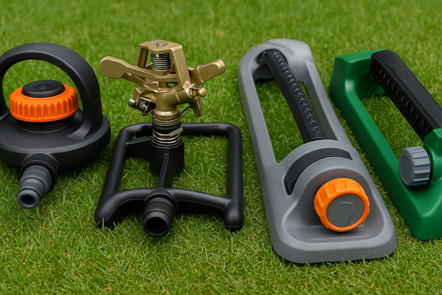 Close-up of various lawn sprinkler models, showcasing their design and features, comparison of different types and brands, demonstrating range, spray patterns, and construction materials, ideal for homeowners choosing the best irrigation system, focus on adjustable settings and durable construction.
