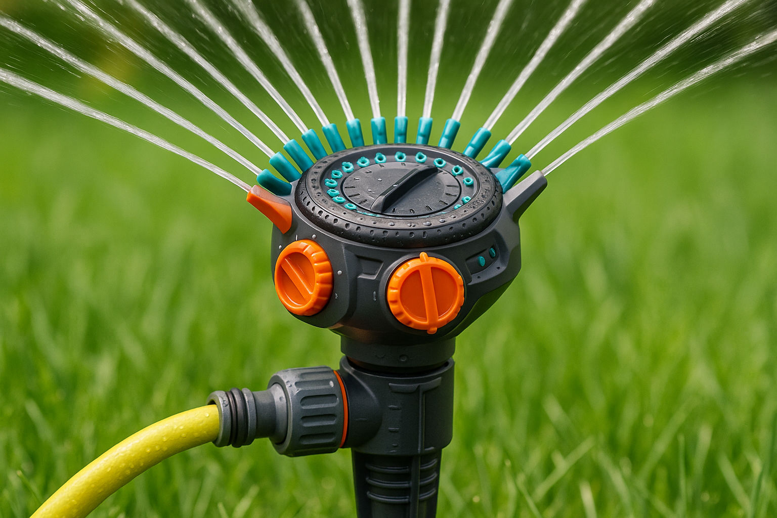 Close-up of a modern adjustable garden sprinkler head distributing water, showcasing its features like adjustable spray patterns and nozzles, durable construction, designed for efficient lawn and garden irrigation, various settings for different watering needs, user-friendly adjustment mechanisms.