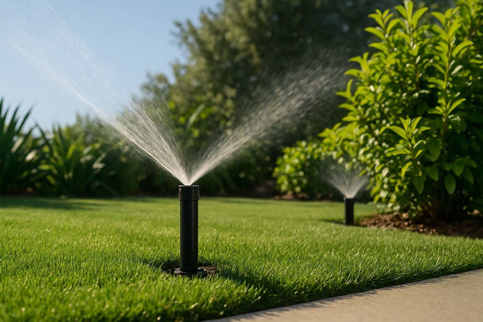 A photorealistic shot capturing pop-up sprinklers irrigating a well-manicured lawn, sprinkler heads emerging from the ground, distributing water evenly, lush green grass and healthy plants visible, clean and seamless look, professional irrigation system, sunny day with clear skies, focus on the discreet design and efficient water distribution.