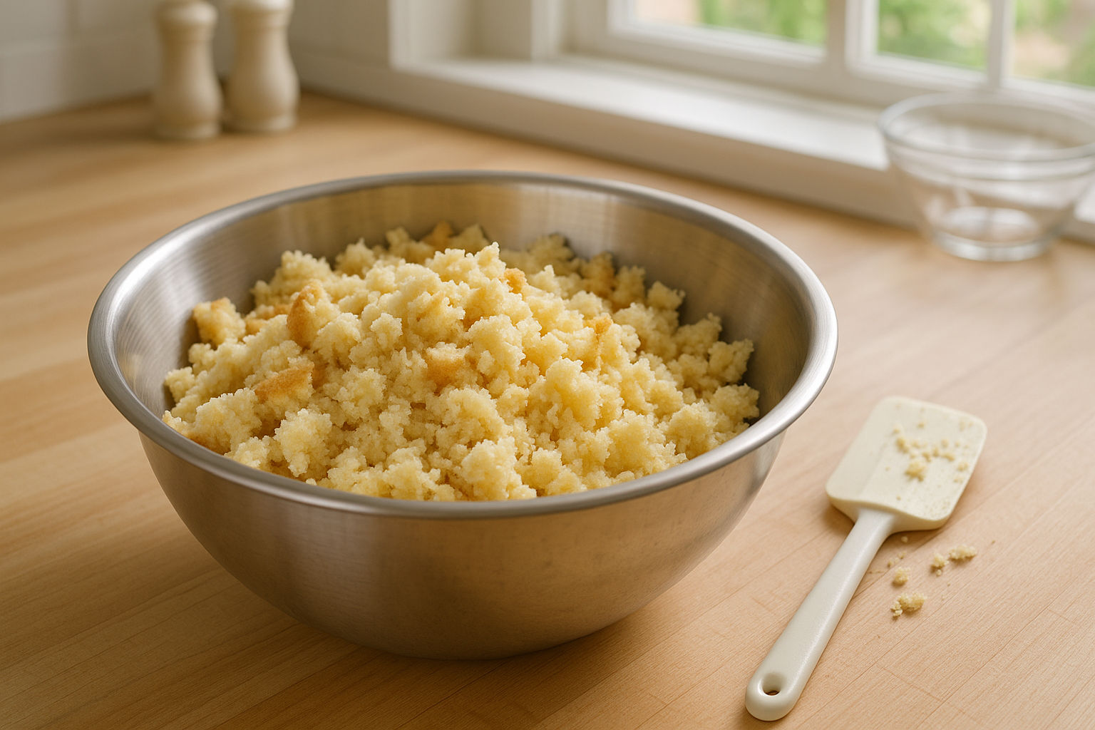 A photorealistic shot capturing crumbled vanilla cake being prepared in a large mixing bowl in a brightly lit kitchen. The cake is light and airy, with visible crumbs. A spatula rests nearby, suggesting it was used for mixing. The scene showcases the initial step of breaking down a cake for cake pop creation, emphasizing texture and preparation.
