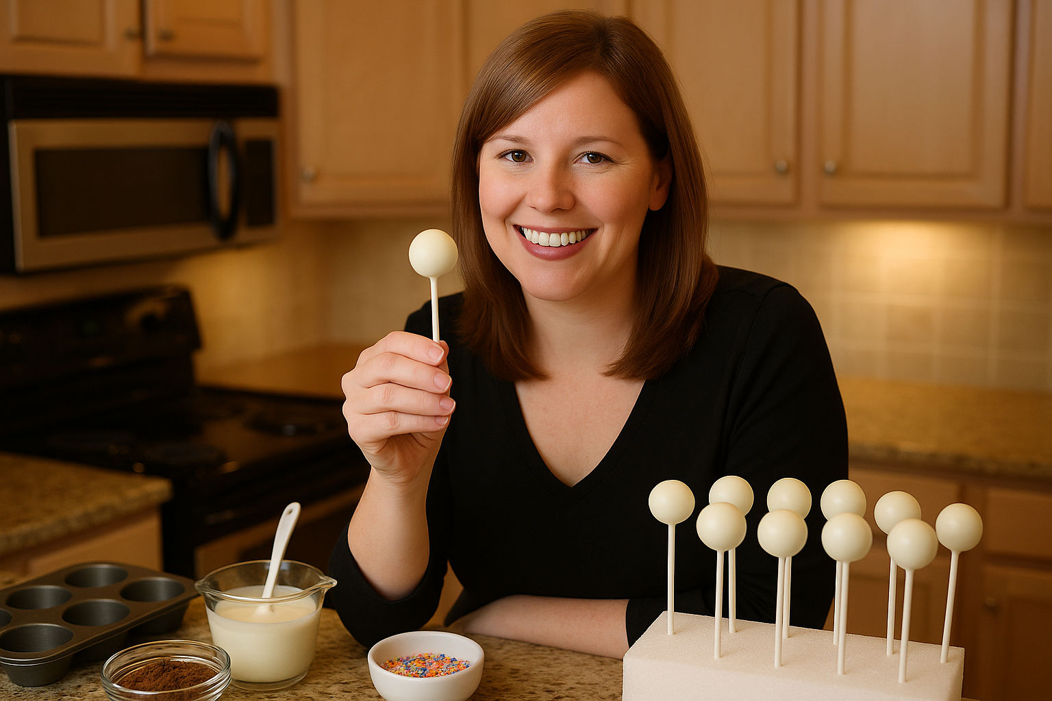 A photorealistic shot capturing Angie Dudley (Bakerella) in her kitchen in 2008, demonstrating cake pop creation. She is holding a cake pop and smiling. The image should capture a well-lit and organized kitchen with baking tools and ingredients visible. Focus on Bakerella's expression and the cake pop.
