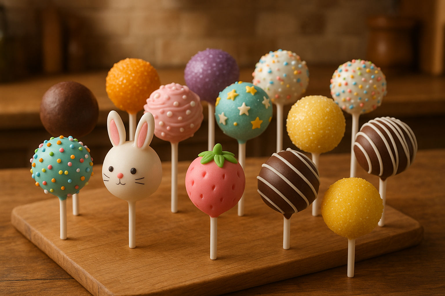 A photorealistic shot capturing a selection of diverse and creatively decorated cake pops arranged on a wooden cutting board in a warm, rustic kitchen setting, showcasing various colors, shapes, and textures, including sprinkles, edible glitter, and miniature fondant decorations, with soft, diffused lighting that enhances the inviting and joyful ambiance of creating homemade treats.