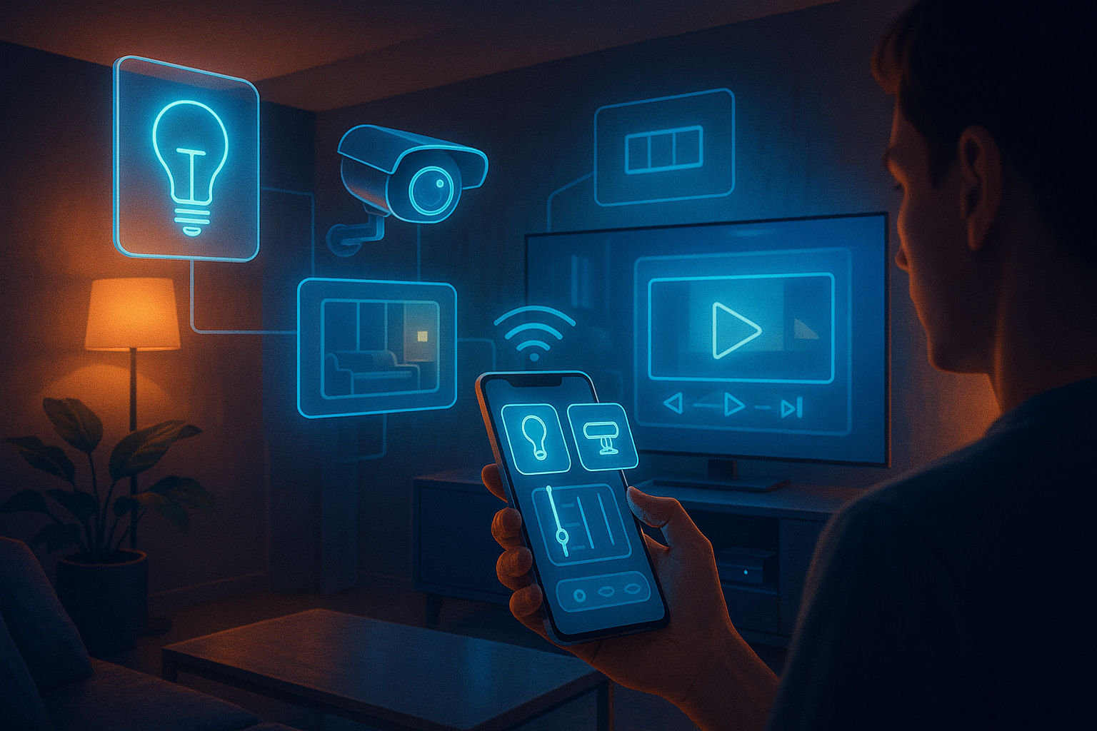 A futuristic smart home setup showcasing seamless integration between mobile devices and various smart appliances. The scene features a person using a smartphone to control multiple devices: adjusting smart lighting, monitoring security cameras, and interacting with a smart TV. The room has a modern, high-tech aesthetic with holographic displays floating in the air, showing device status and connectivity. The lighting is warm and inviting, emphasizing the comfort and convenience of an interconnected ecosystem.