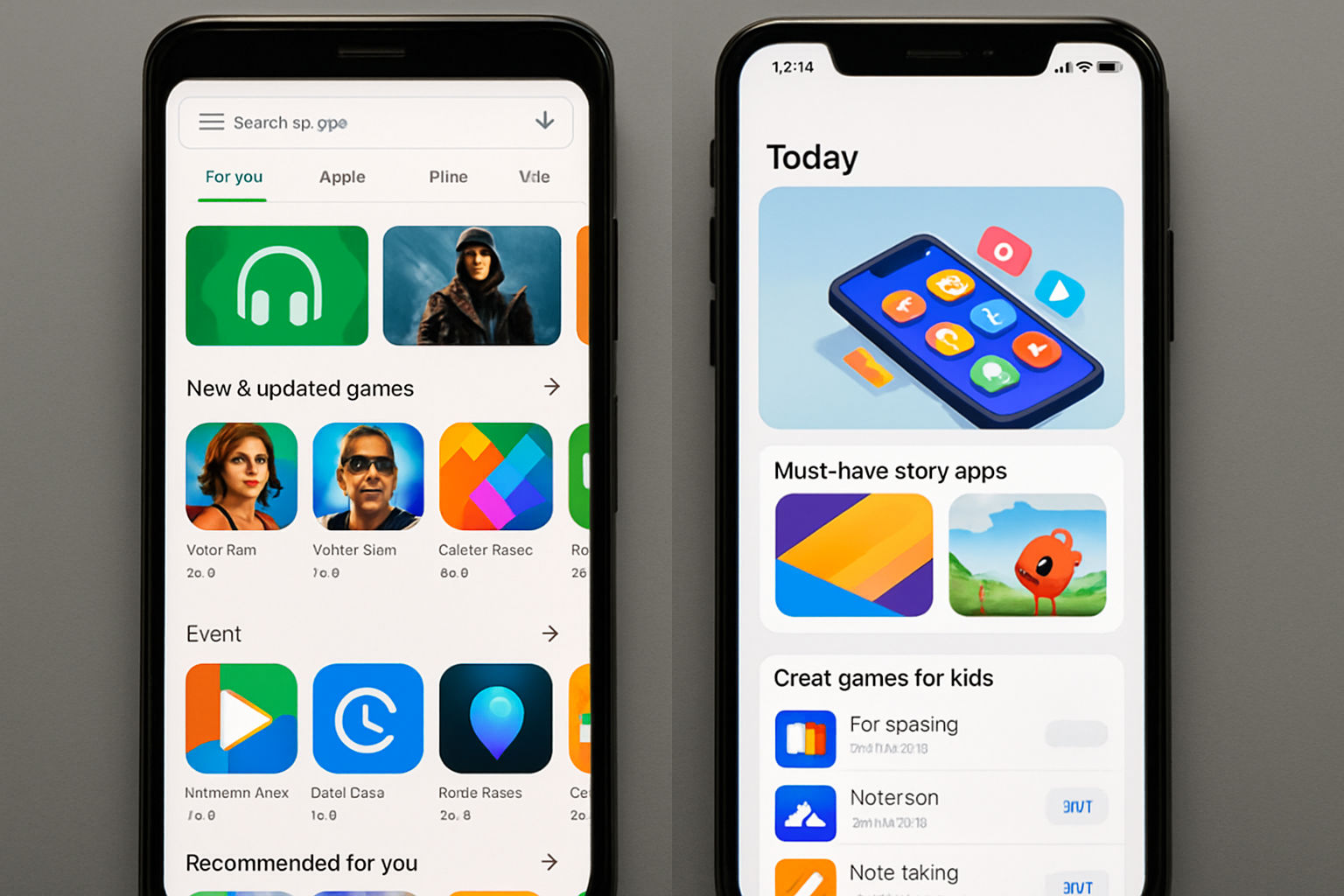 A split-screen comparison of the Google Play Store and Apple App Store interfaces on smartphone screens. The left side shows the Google Play Store with its colorful, card-based layout featuring a mix of apps, games, and media content. The right side displays the Apple App Store with its clean, minimalist design, showcasing curated app collections and featured apps. Both screens are brightly lit, emphasizing the visual differences in layout and content presentation between the two app marketplaces.