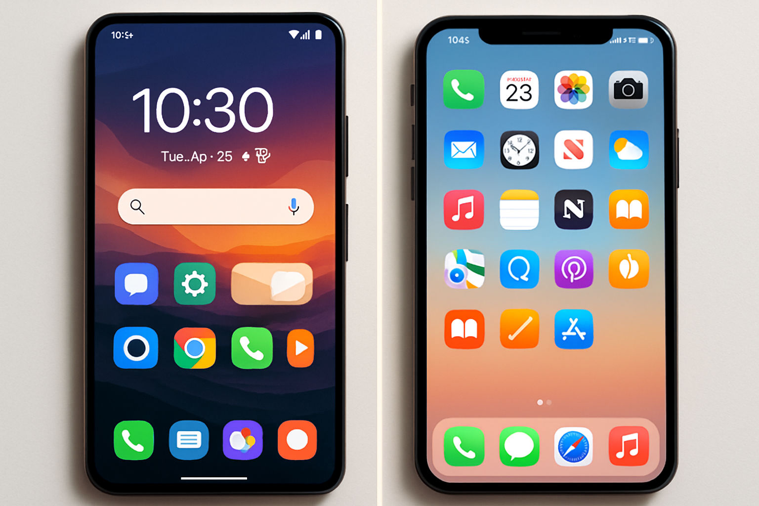 A split-screen comparison showcasing the home screens of an Android device and an iOS device side by side. The Android side displays a customized interface with widgets, varied icon shapes, and a personalized wallpaper. The iOS side shows the characteristic grid layout of app icons, uniform in shape and size, with the signature dock at the bottom. The lighting is bright and even, emphasizing the clarity of both displays and the distinct design philosophies of each operating system.
